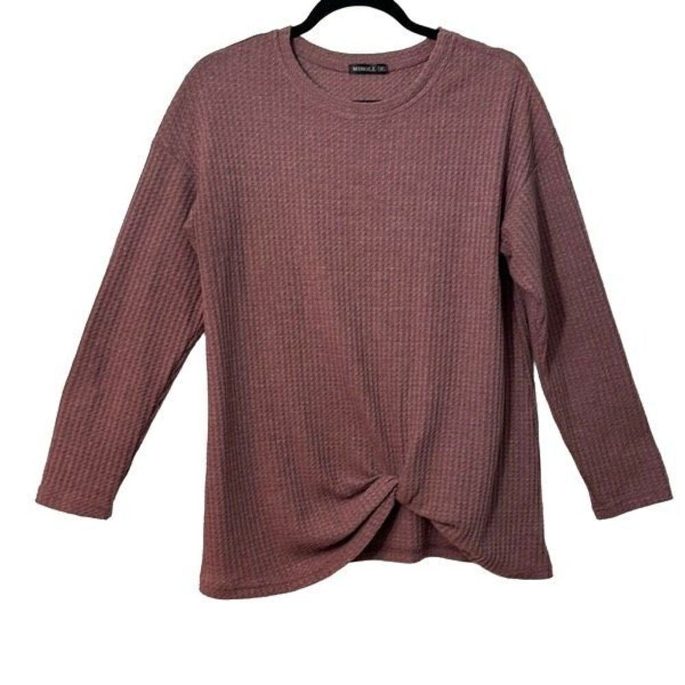 Miholl earthy muted mulberry color waffle weave top with front knot hem M